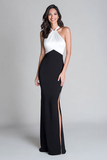 Halter Black and White Sheath Maxi Formal Dress With Slit